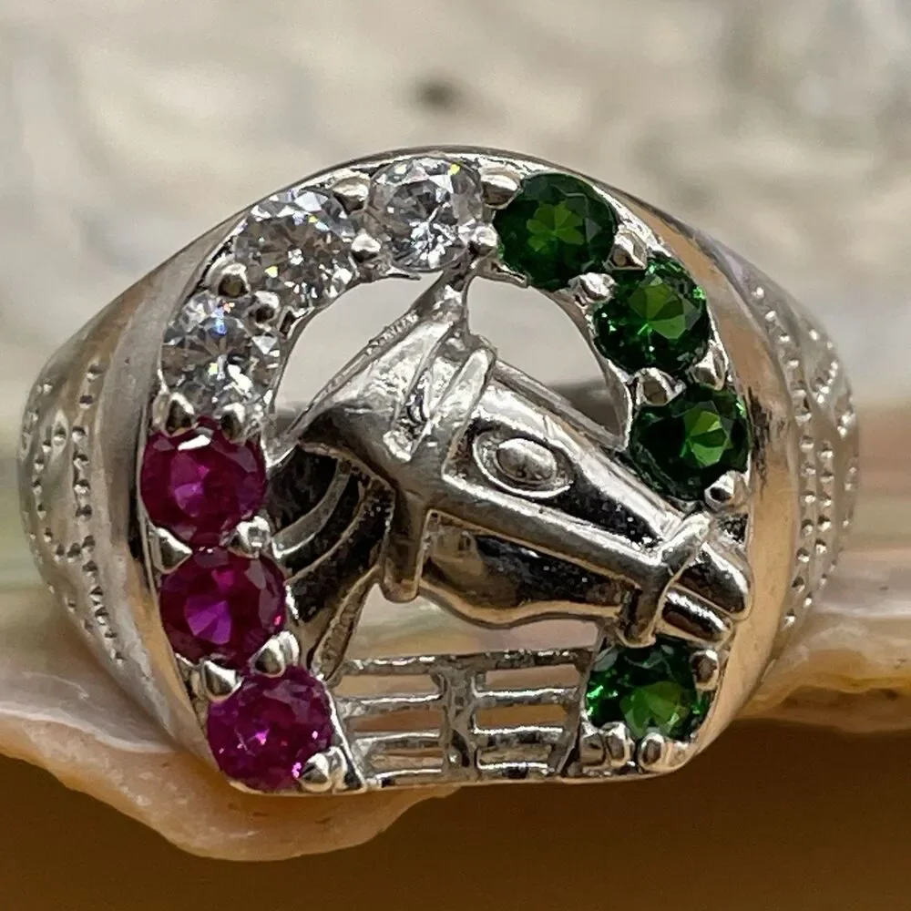 Horseshoe Ring Sterling Silver .925 Men’s Size 8 Red Ruby White Green Glass